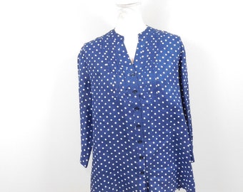 Vintage 90s Kim Rogers Geometric Polka Dot Print White Blue Linen Button Down Pleated Long Sleeve Shirt Top Blouse XL Plus Size