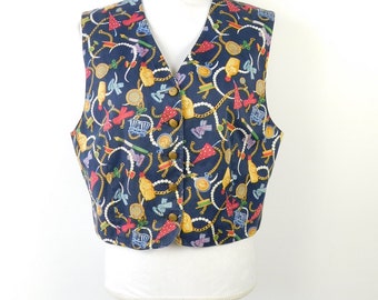 Vintage 80er Jahre Lizsport Frau Regenschirm Perlen Kette Print Blau Bunt Durchgeknöpft V Ausschnitt Ärmellose Weste Weste Sz 14 Large
