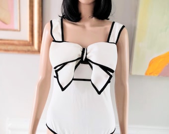 Vintage 00s Schwarz Weiß Colorblock Übergroße Fliege Trim Tank Top gefüttert Badeanzug Einteiler Badeanzug Bademode Sz Medium