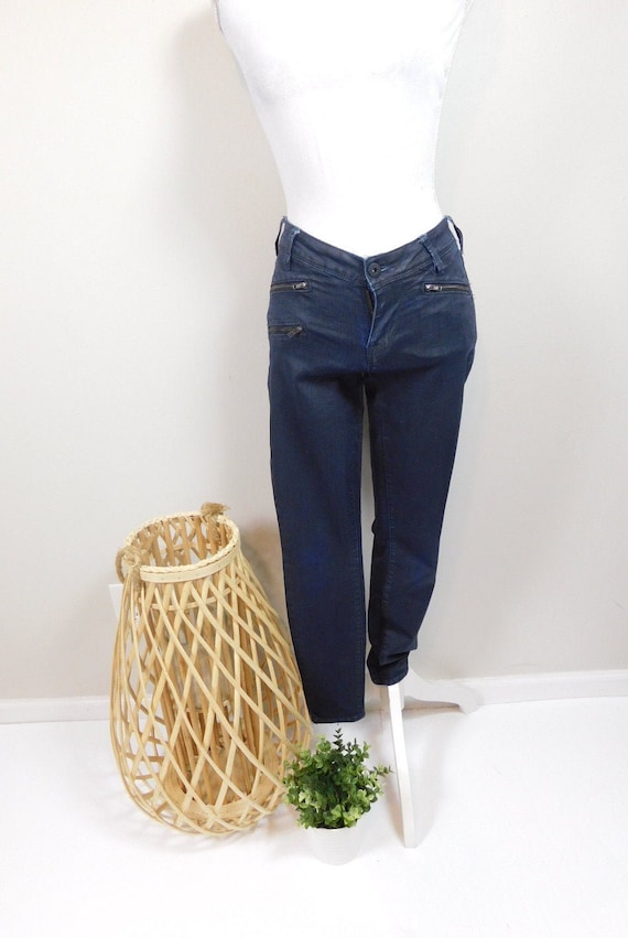 Vintage 00s Dark Blue Wash Denim Low Rise Metal Zipper Pocket