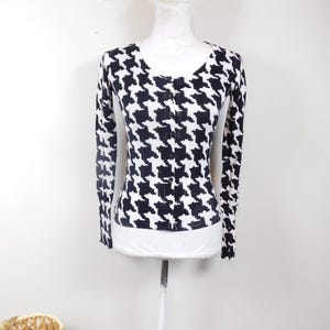 Vintage jaren 00 zwart-witte pied-de-poule print geribbeld acryl button-down lichtgewicht minimaal vest met lange mouwen trui vest maat XS