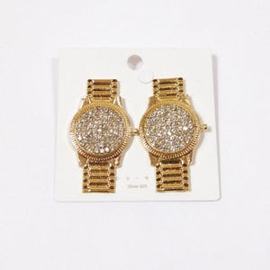 Vintage 00s Gold Wrist Watch Diamond Crystal Metal Clock Time Long Drop Novelty Stud Earrings Costume Jewelry Fashion Accessory