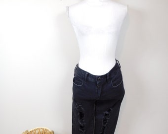 Vintage 90s American Eagle Black Ripped Distressed Denim Mid Waist Stretch Skinny Leg Jegging Cropped Capri Pants Jeans Sz 6 Small