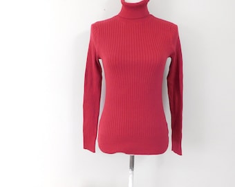 Vintage 1990s Dark Red Cotton Blend Roll Down Stretch Ribbed Knitted Minimal Winter Long Sleeve Turtleneck Sweater Sz Small