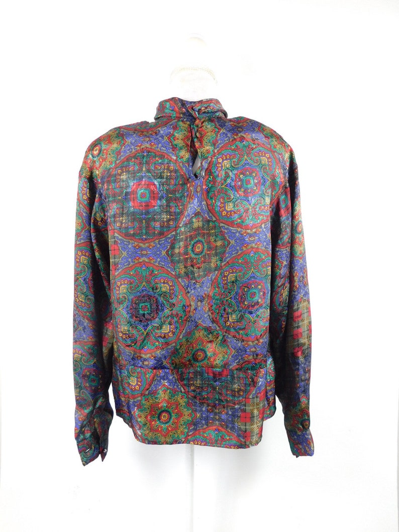 Collectible Paisley Plaid Print Red Colorful Mock Turtleneck Back Closure Top Blouse Shirt Sz 12 Large 50/% SUMMER SALE Vintage A.K