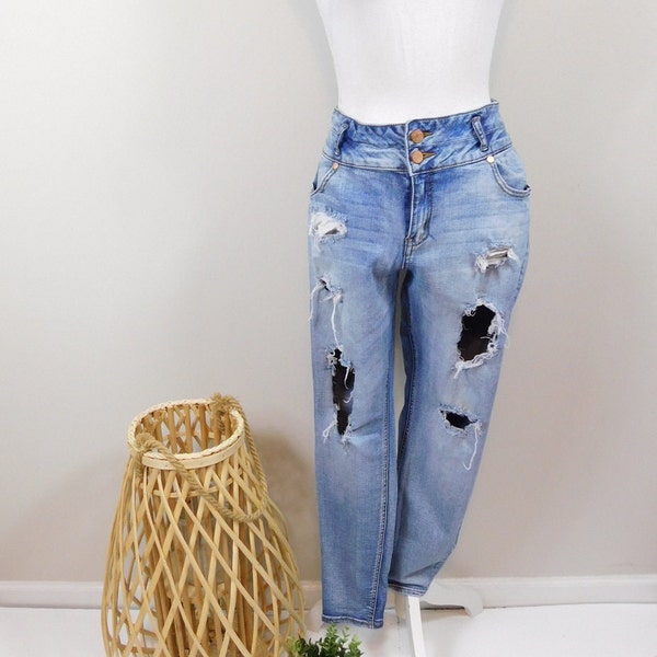 Vintage 90s Dark Blue Wash Cotton Blend Stretch Bleached White Ripped Open Denim Mid Rise Skinny Leg Pants Jeans Sz 14 Large