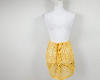 Vintage 00s Mustard Yellow Knitted Crocheted Tie Up Swim Mini Length Skirt Bikini Bathing Suit Coverup Swimwear Small/Medium/Large