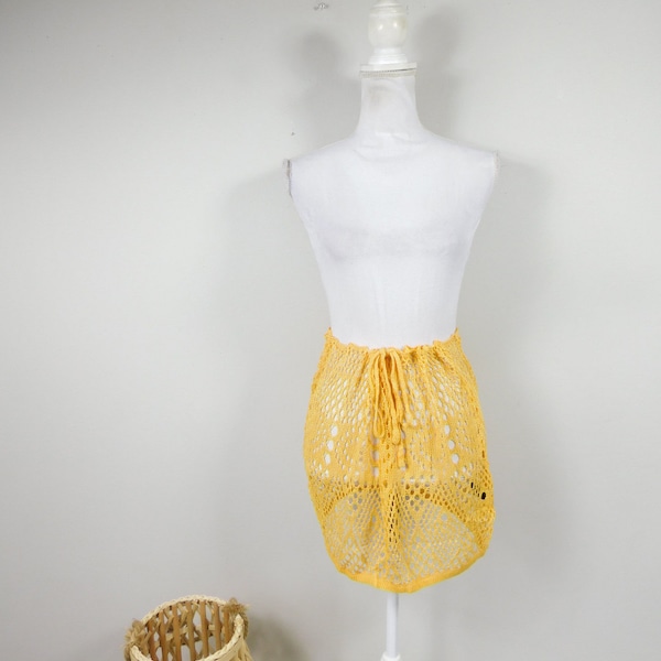 Vintage 00s Mustard Yellow Knitted Crocheted Tie Up Swim Mini Length Skirt Bikini Bathing Suit Coverup Swimwear Small/Medium/Large