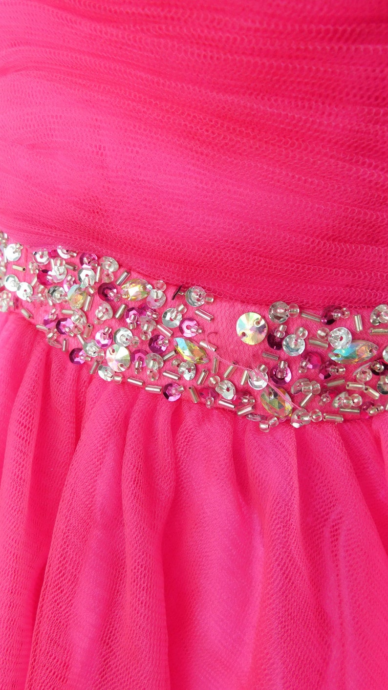 50/% OFF SPRING SALE Vintage 1990s Hot Pink Sequin Beaded Silver Sweetheart Cut Tutu Sheer Formal One Shoulder Prom Dress Gown Sz Small
