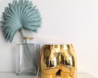 Vintage 00s Shiny Gold Butt Booty Shape Funny Metal Clasp Closure Long Chain Evening Crossbody Handbag Fashion Purse Bag Clutch