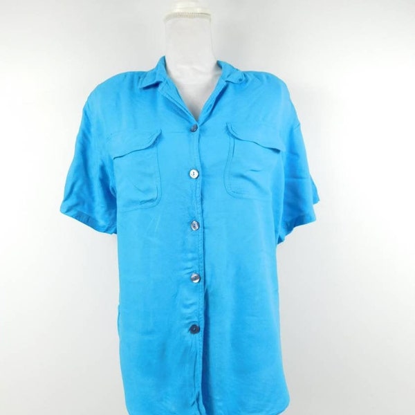 Vintage 90s Ashleigh Morgan Turquoise Blue Rayon Button Down Collared Pocket Short Sleeve Minimal Shirt Top Blouse Sz XL Plus Size