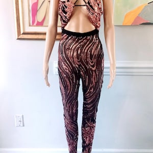 Vintage 00s Sequin Black Rose Gold Wavy Criss Cross Beaded Stretch Cut Out Sleeveless 1 Pc Skinny Leg Bodysuit Jumpsuit Sz Medium