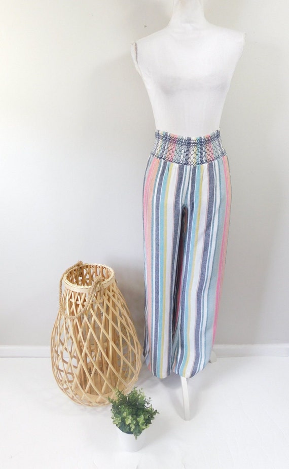 Vintage 90s Colorful Blue Pin Vertical Striped Print High Elastic