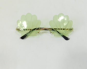 Vintage 00s Light Green Tinted Gold Seashell Shape Beach Transparent Rimless Uv400 Fashion Lens Sunglasses Glasses Sunnies