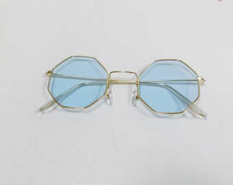 Vintage 90s Blue Gold Octagon Square Tinted Transparent Fashion Classic Sunglasses Metal Frame Lens Glasses Eyewear