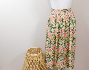 Vintage 90s Herman Geist White Colorful Pixelated Floral Flower Print High Waist Pleated A Line Midi Length Skirt Sz 8 Medium