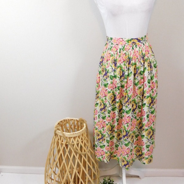 Vintage 90s Herman Geist White Colorful Pixelated Floral Flower Print High Waist Pleated A Line Midi Length Skirt Sz 8 Medium