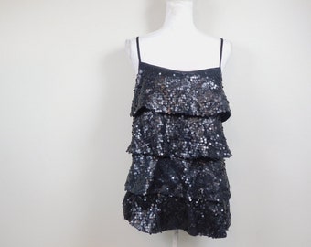 Vintage 90s Black Sequin Sparkle Tiered Front Polyester Lined Spaghetti Strap Sleeveless Tank Top Shirt Blouse Camisole Sz Large