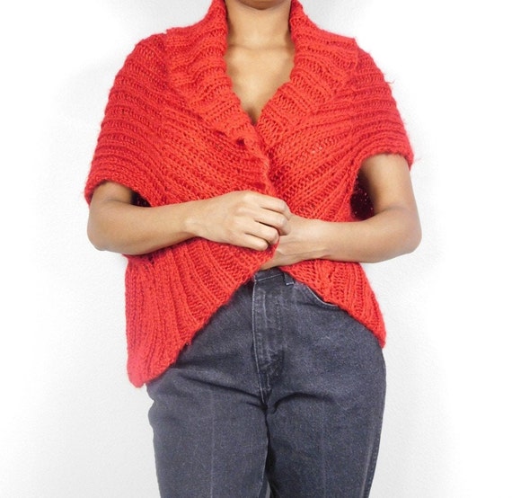 Vintage 90s Bright Red Crocheted Knitted Ribbed S… - image 1