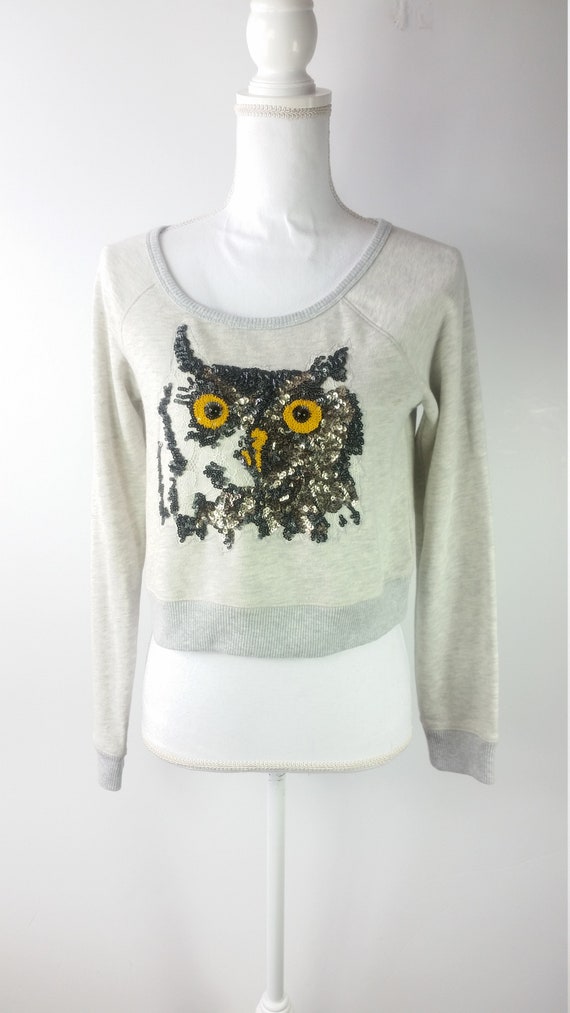 Vintage 90s Express Gray Sequined Lace Beaded Owl 