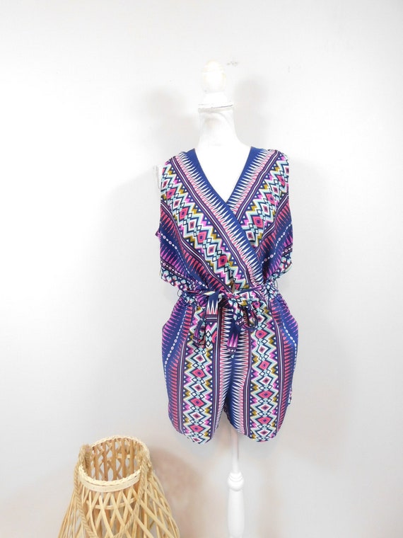 Vintage 90s Navy Colorful Tribal Geometric Print … - image 1