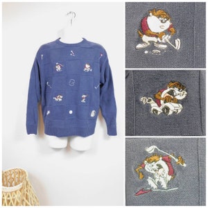 Męski sweter Vintage 80s Tasmania Devil Golf Club haftowany geometryczny nadrukowany granatowy biały prążkowany gruby długi rękaw rozmiar S