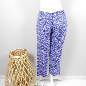 Vintage jaren 90 The Limited Drew Fit koningsblauw witte geometrische zeshoek print lage taille broek Capri cropped broek bodems Sz 2 XS