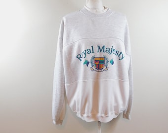 Unisex Vintage 80s Royal Majesty Cruise Shield Light Gray Colorful Ribbed Crewneck Long Sleeve Sweater Top Sweatshirt Sz Large