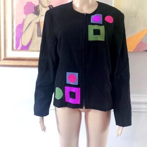 Vintage 90s Sharon Young Black Bright Geometric Shapes Print Colorful Embroidered Faux Suede Zipper Jacket Blazer Sz 14 Large