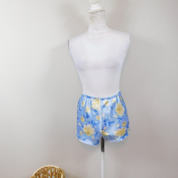 Vintage 90s Light Blue Yellow Flower Floral Print Elastic Waist Silky Polyester Sleep Pajama Booty Shorts Boxers Sz Medium