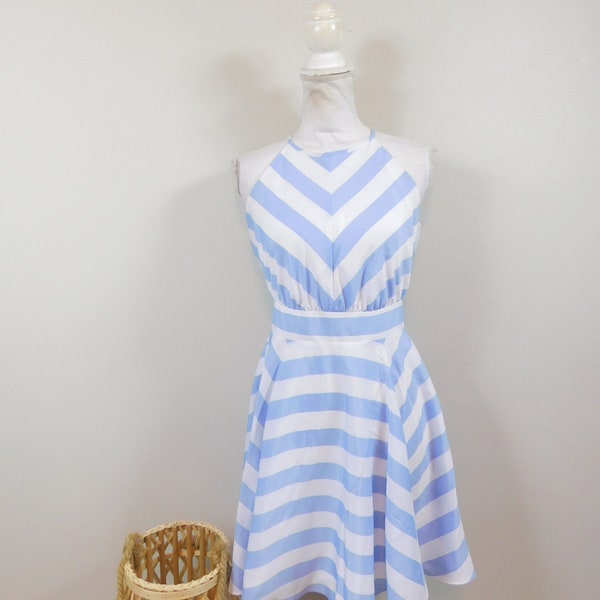 Vintage 00s Light Blue White Striped Print Crewneck A Line Fit and Flare Polyester Tank Top Sleeveless Mini Short Dress Sz Small