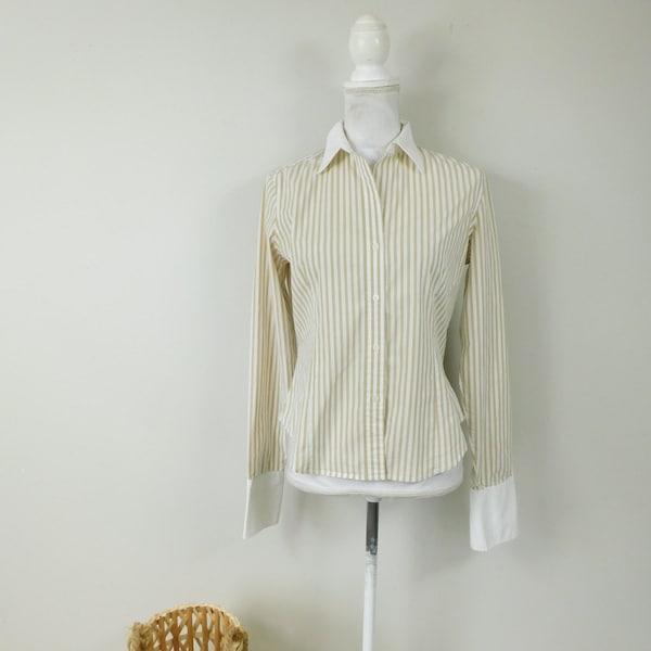 Vintage 80s The Limited Stretch Tan White Vertical Striped Print Cotton Button Up Collared Long Sleeve Top Blouse Shirt Sz Small