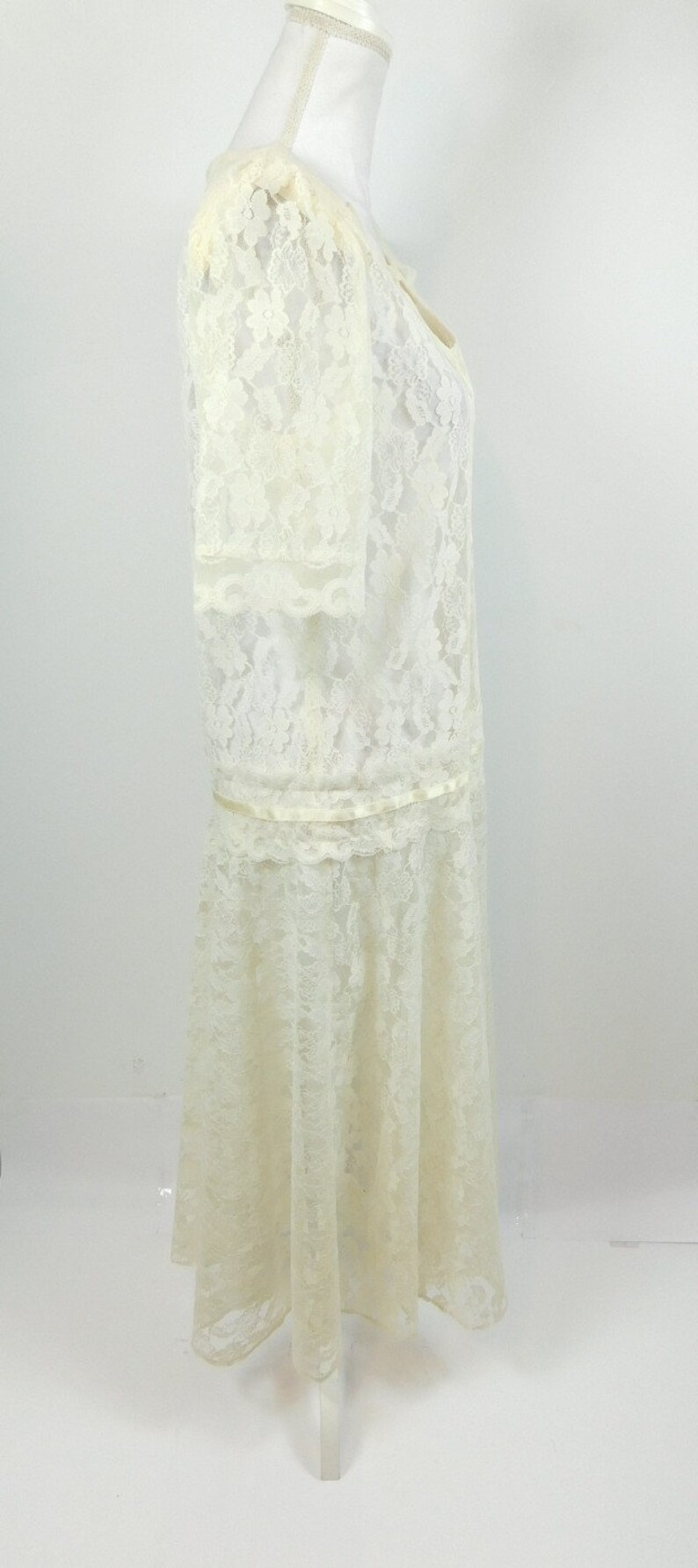 50/% OFF SPRING SALE Vintage 1960s Ivory Floral Print Lace Satin Evening Elegant Formal Short Sleeve Aline Party Midi Dress Gown Sz Medium