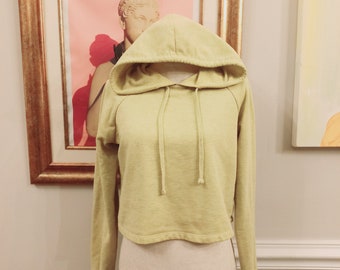 Vintage 00s Bright Lime Green Crop Belly Cotton Blend Drawstring Solid Minimal Long Sleeve Lightweight Hoodie Jacket Sz Small