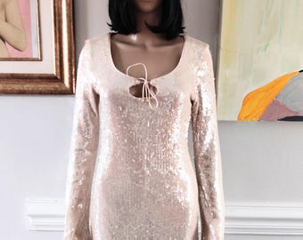 Vintage 00s Cream Beaded Clear Sequin Keyhole Tie Wedding Hourglass Lined Knee Bell Long Sleeve Formal Evening Dress Sz Small