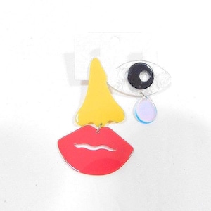 Vintage 00s Colorful Abstract Face Nose Lips Eyes Print Acrylic Pierced Screw Back Earrings Costume Jewelry Fashion Accessory