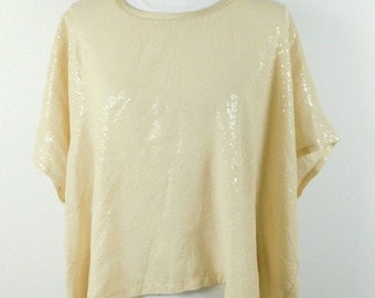 Vintage 90s Cream Beige Sequin Beaded Polyester Oversized Boxy Sleeveless Crewneck Minimal Tee Top Blouse Shirt Sz Large