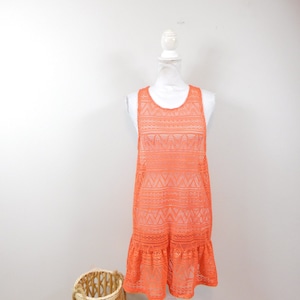 Vintage 90s Coral Orange Chevron Striped Print Knitted Fishnet Summer Loose Swimwear Cover Up Sleeveless Knee Length Dress Sz Large