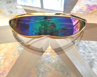 Vintage 00s Colorful Gold Trim Mirrored One Single Piece Robotic UV400 Futuristic Fashion Visor Sunglasses Lens Half Face Sunnies