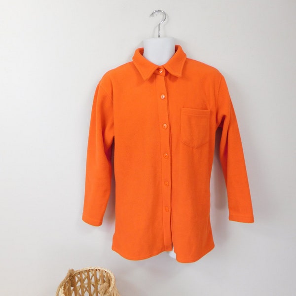 Mens Vintage 80s Lavon Orange Fleece Polyester Button Down Pocket Collared Solid Minimal Long Sleeve Shirt Top Sz Small