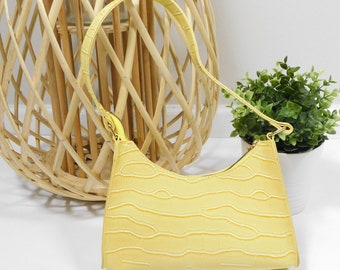 Vintage 90s Yellow Gold Crocodile Snakeskin Print Faux Leather Embossed Shiny Baguette Tote Shoulder Handbag Purse Bag