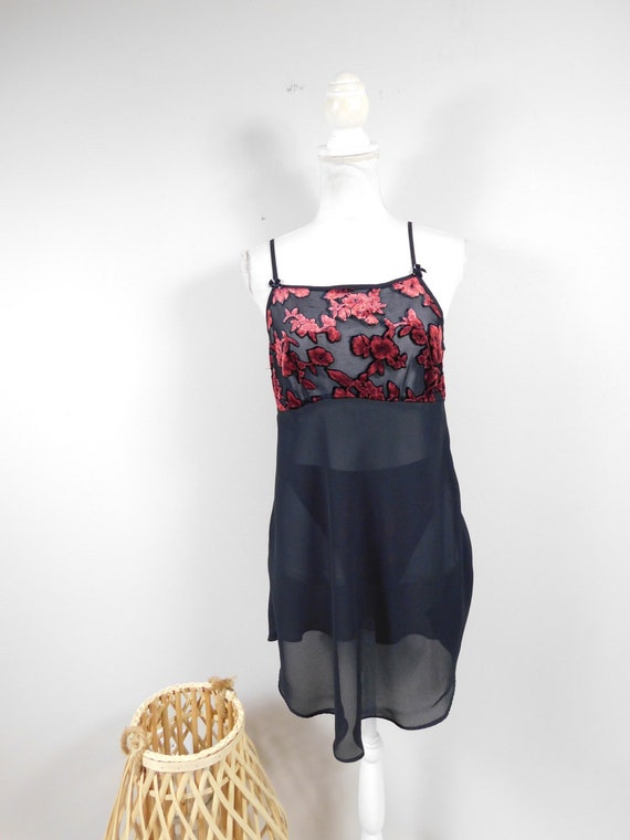 Vintage 80s Gilligan O Malley Dark Red Black Velvet Floral Trim Sheer  Underwear Intimate 2 Pc Set Pajama Tank Dress Sz Medium 