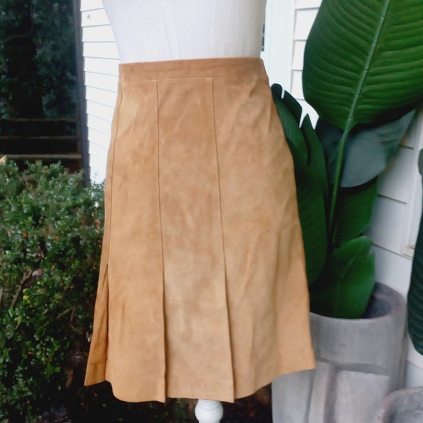 Vintage 90s Ann Taylor Loft Camel Brown Tan Suede Leather Pleated Front High Waist A Line Fall Lined Knee Length Skirt 4 Small