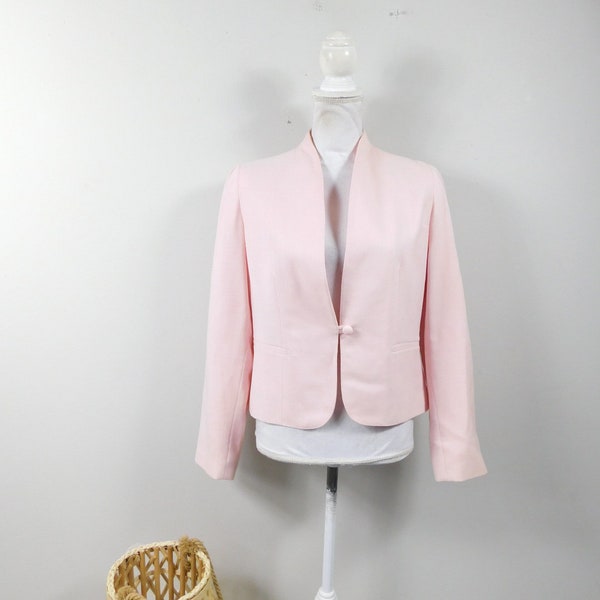 Vintage 90s Light Pink One Button Collarless Lined Fitted Minimal Long Sleeve Formal Suit Blazer Jacket Coat Sz 13/14 Large