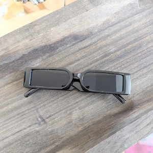 Vintage 00s Black Tinted Rectangle Slim Square Shaped Frame Fashion Plastic Minimal Sunglasses Glasses Costume Eyewear Shades