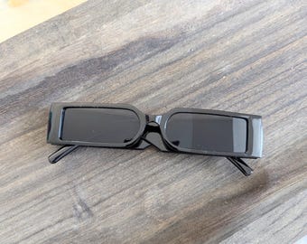 Vintage 00s Black Tinted Rectangle Slim Square Shaped Frame Fashion Plastic Minimal Sunglasses Glasses Costume Eyewear Shades