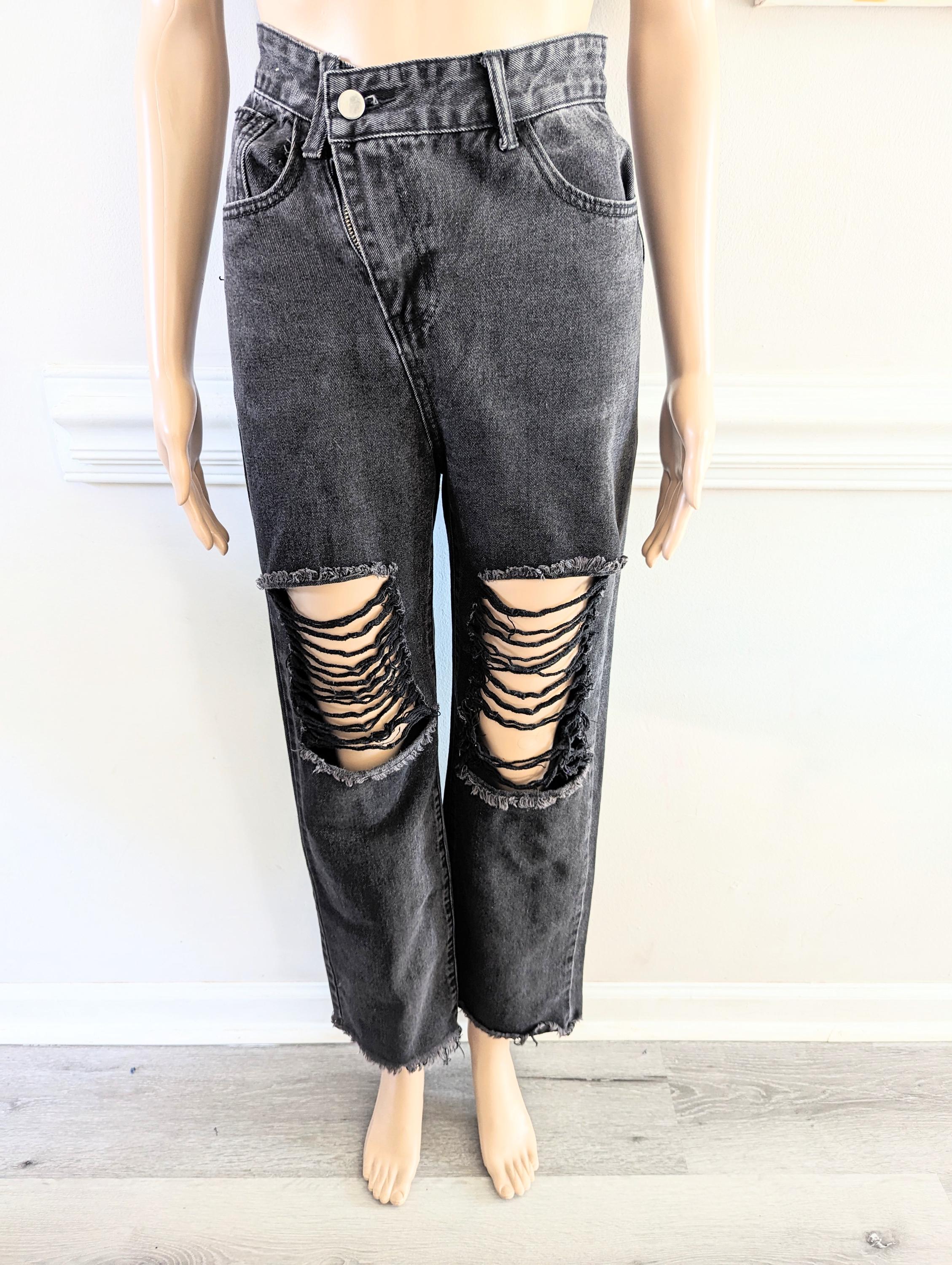 Vintage 00s Black Ripped Distressed Wash Asymmetrical Button Open 
