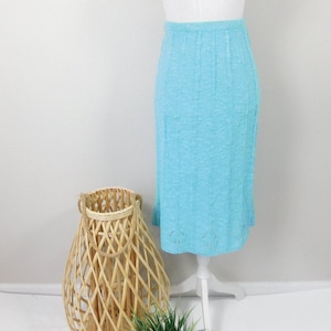 Vintage Marissa Christina Turquoise Blue Knitted Ribbed High Waist Elastic Cut Out Sweater Pencil Knee Length Skirt XL Plus Size