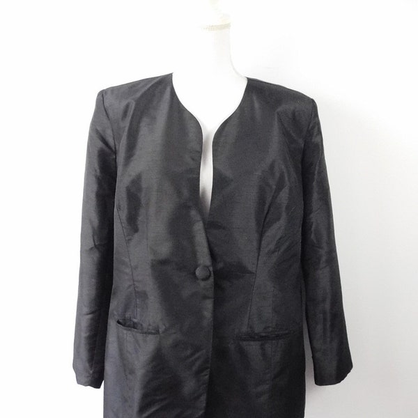 Vintage 90s Tally Taylor Black Shiny Polyester One Button Lined Minimal Long Sleeve Formal Blazer Suit Jacket Sz 16/XL Plus Size