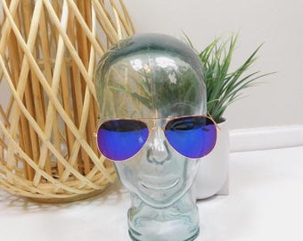 Vintage 00s Blue Purple Gold Aviator Pilot Shaped Mirrored Metal Frame Oversized Fashion Sunglasses Lens Glasses Eyewear